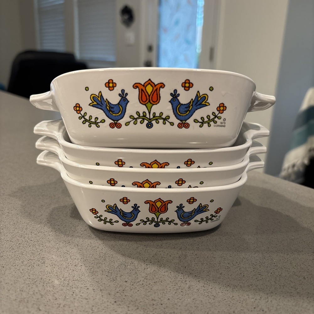 Corning Ware Country Festival Blue Bird 1-3/4 Cup Mini Casserole Dish P41B Set 4